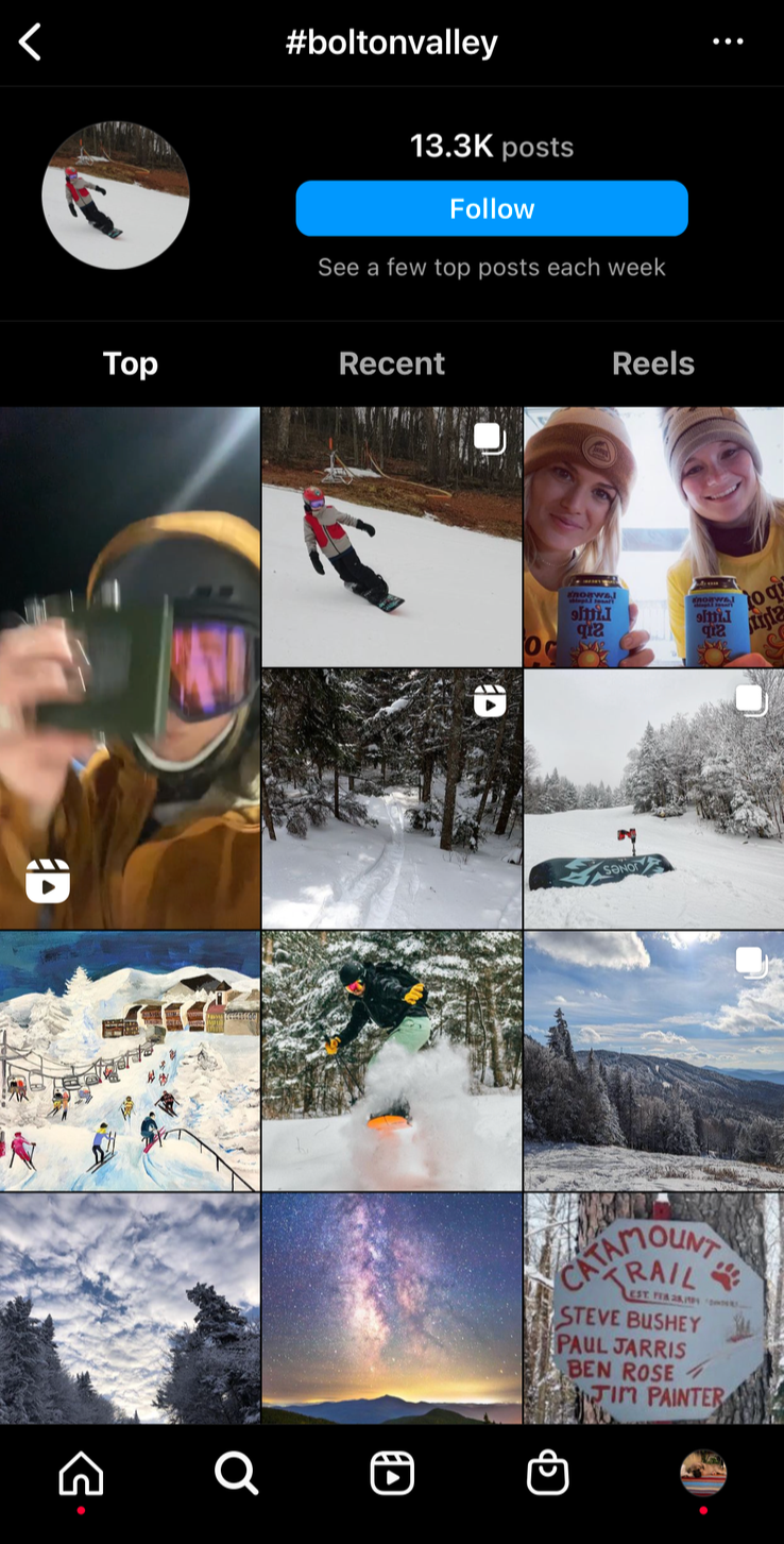 a screenshot of the Instagram hashtag page for boltonvalley